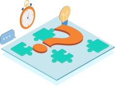 a puzzle including a question mark and a light bulb and a stopwatch on the left 